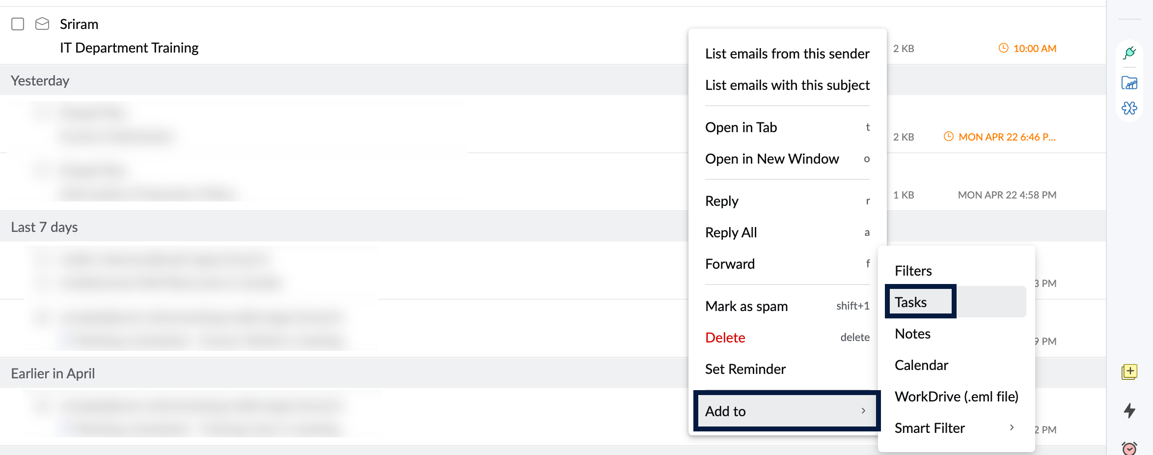 Add Task from Mail Listing pane
