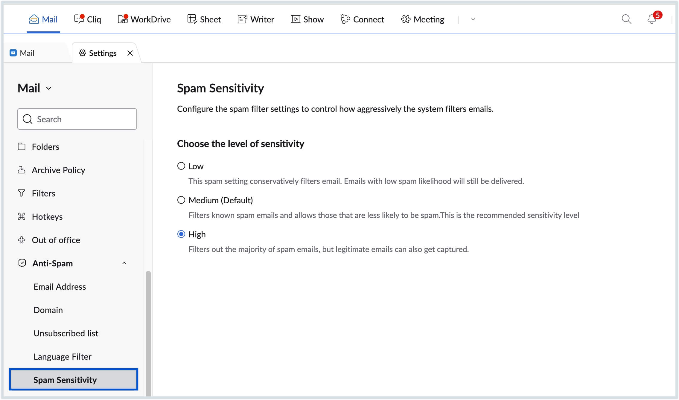 Spam sensitivity