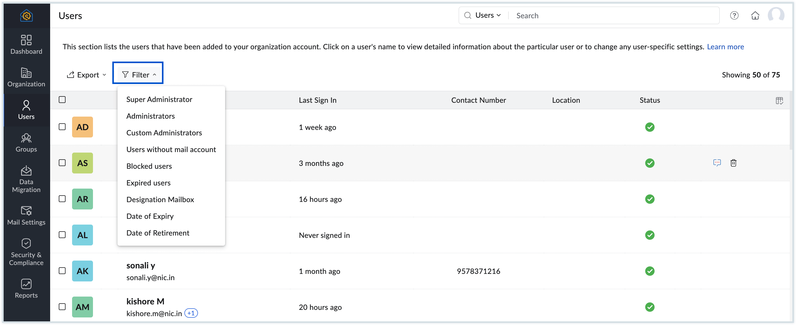 Filter options