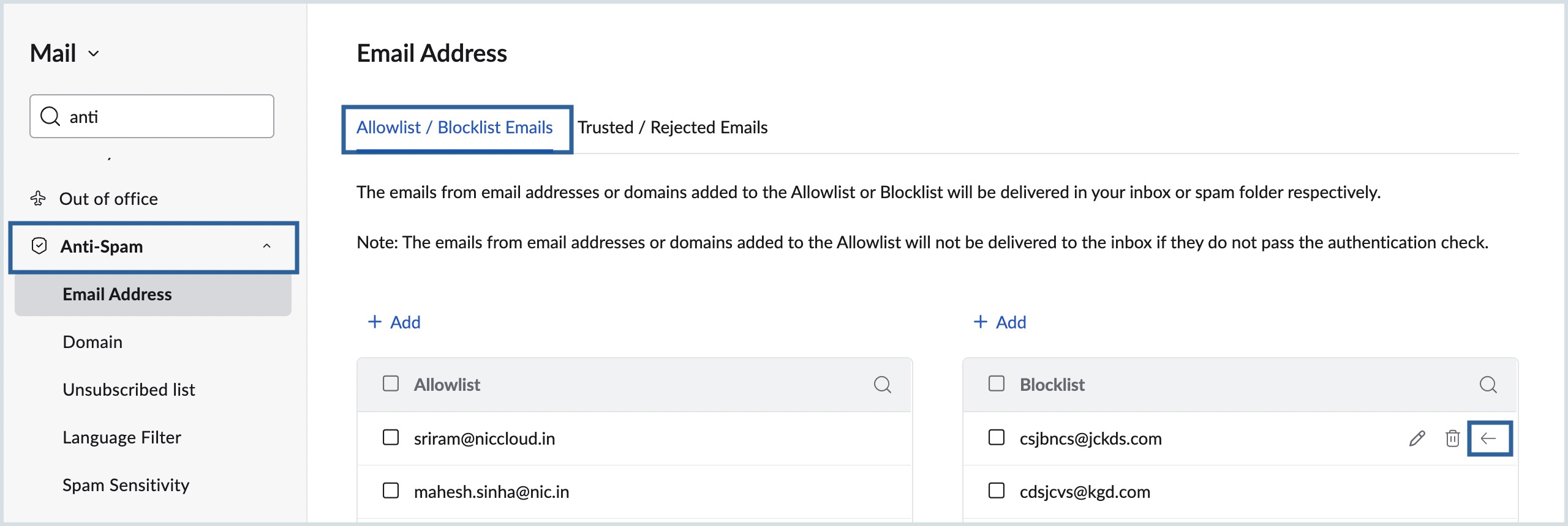 UI screenshot of allow and blocklisted emails