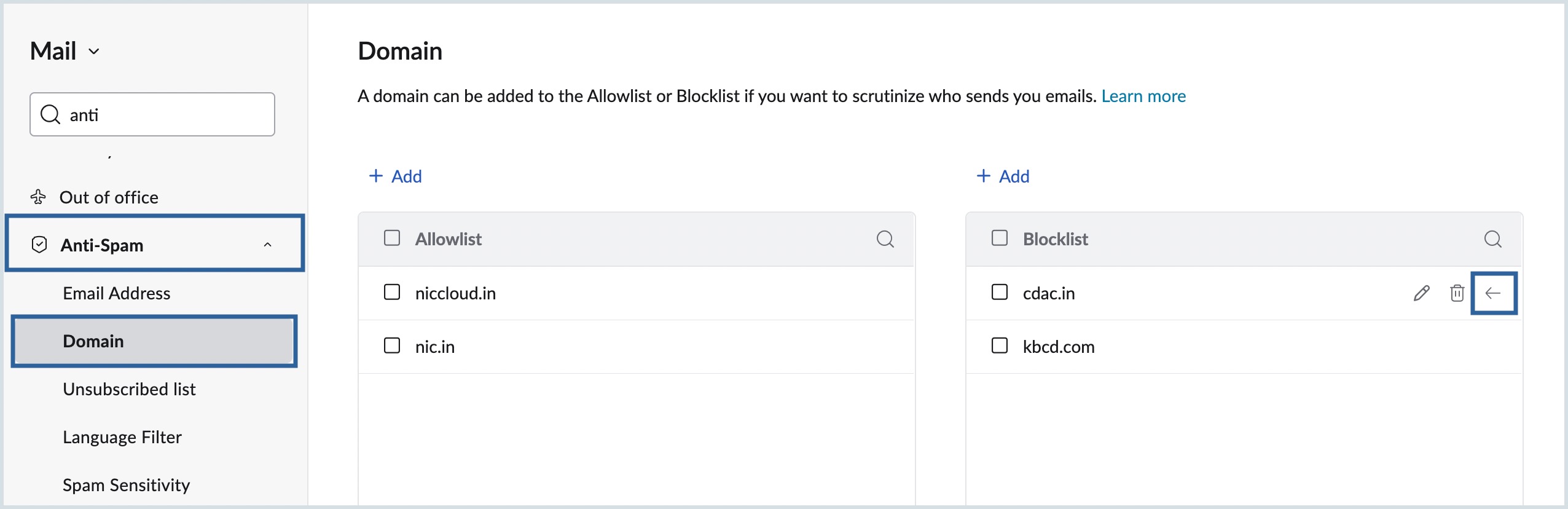 UI screenshot of blocklisted domains