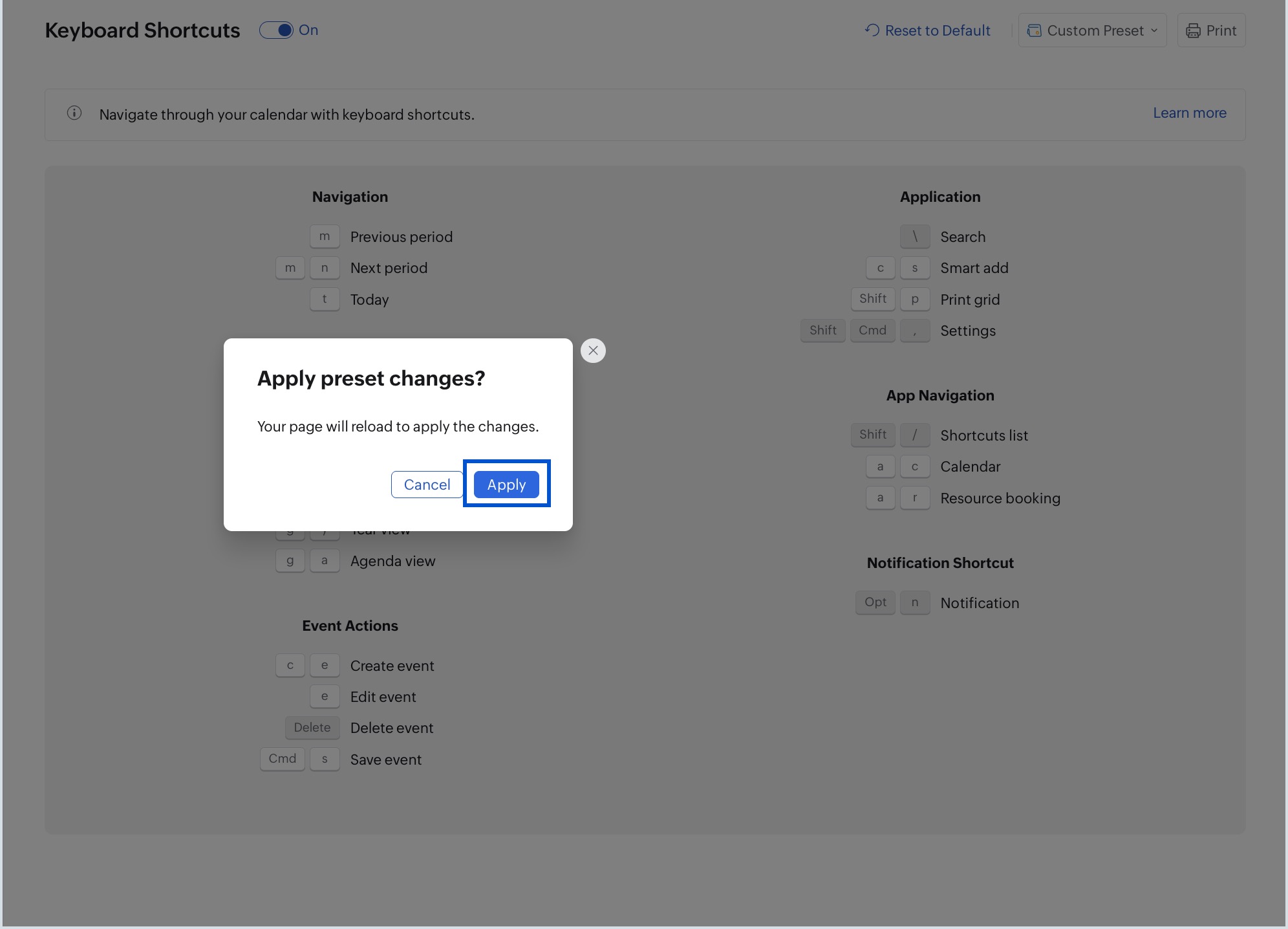 Apply keyboard shortcut preset