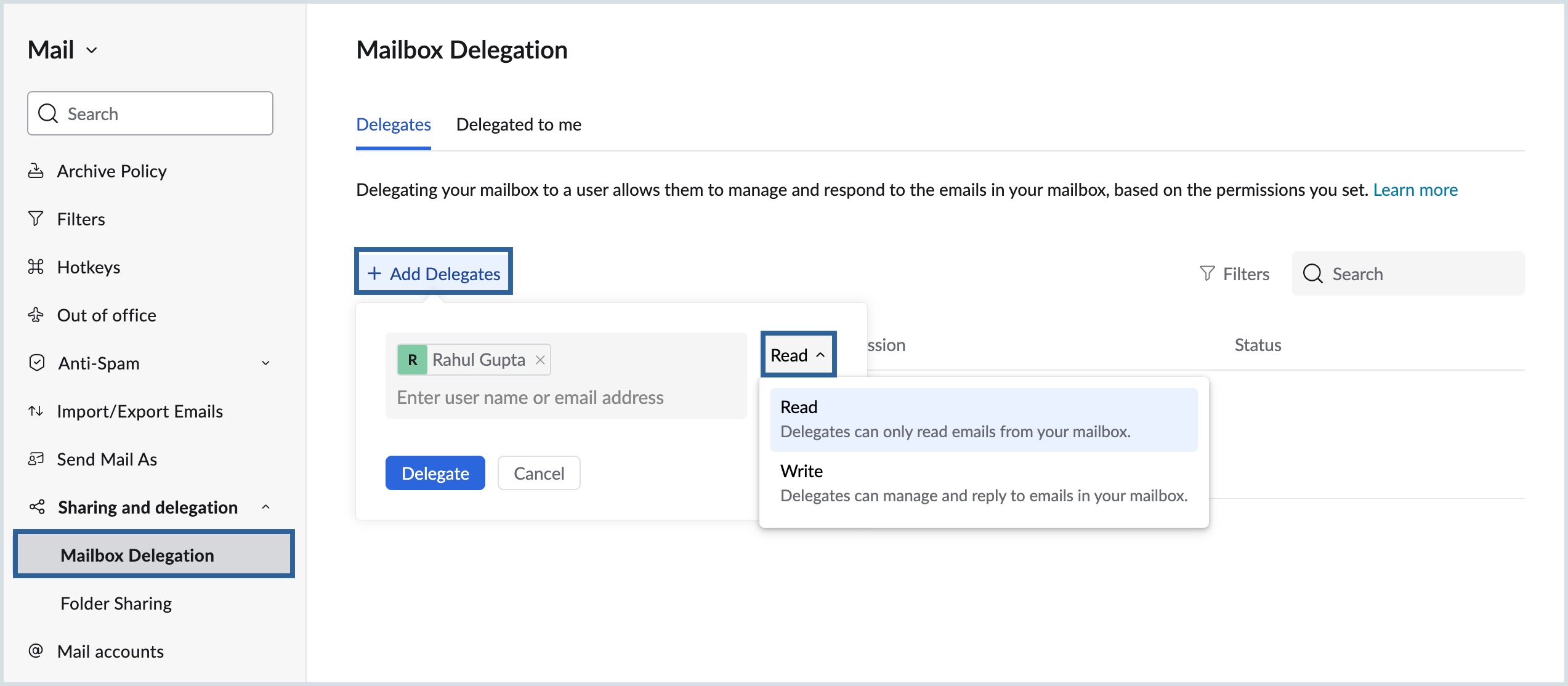 Delegate a mailbox 1
