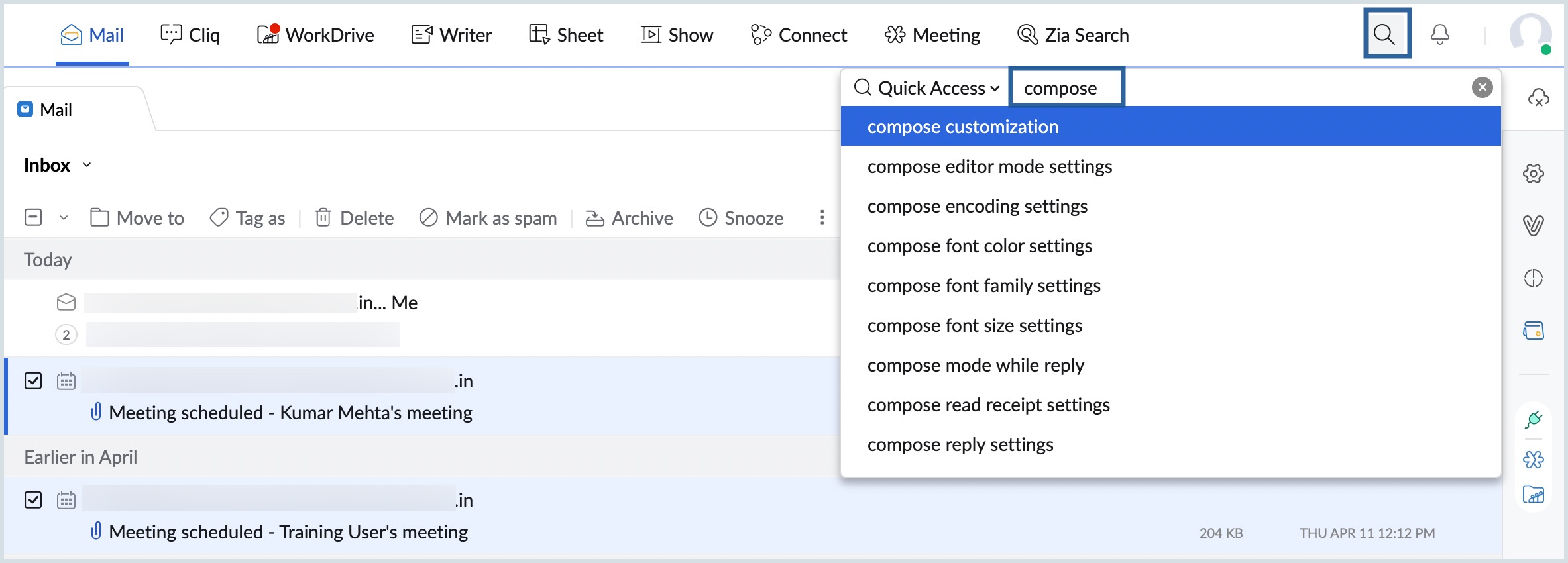 UI screenshot of quick access