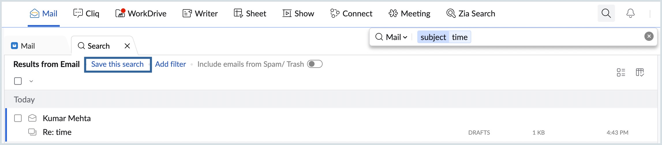 UI screenshot of saved search