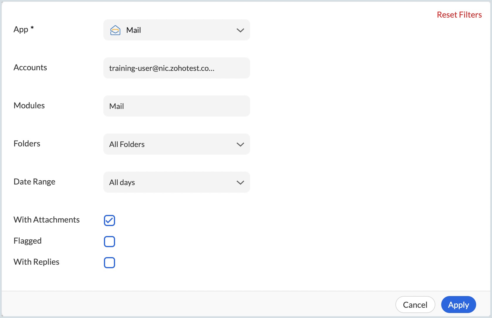 UI screenshot of filter options