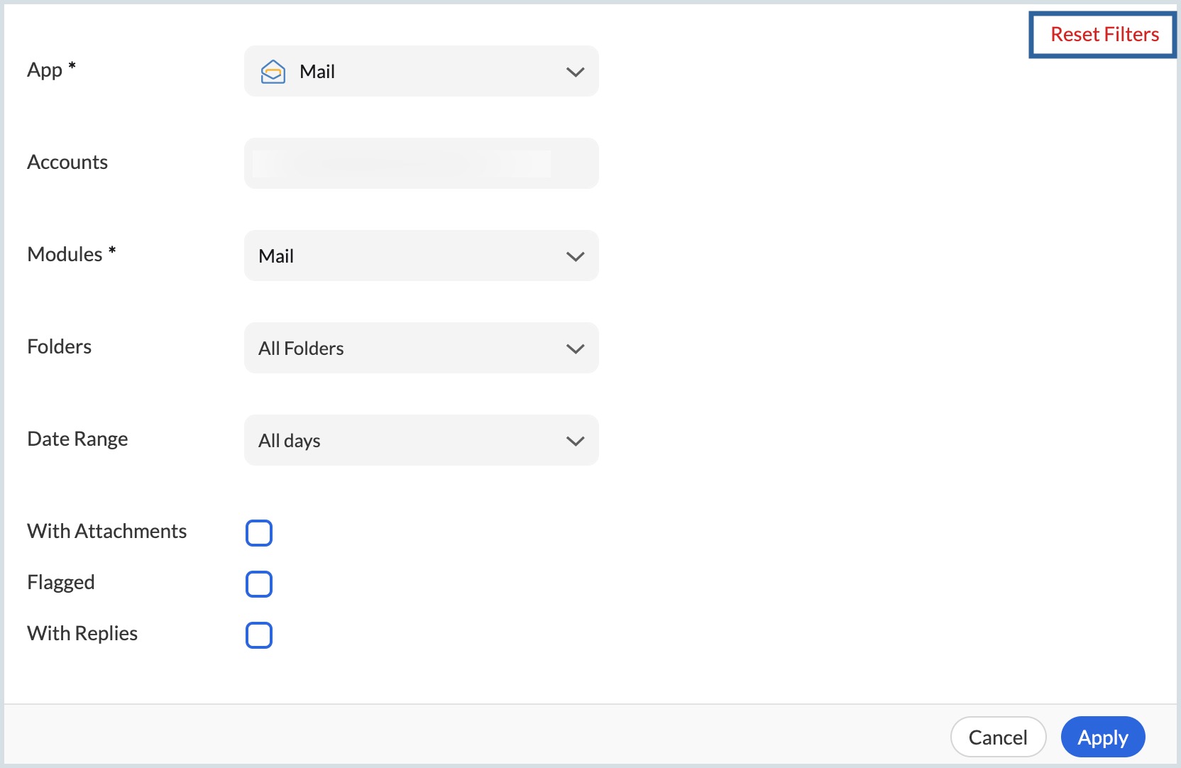 UI screenshot of reset filter