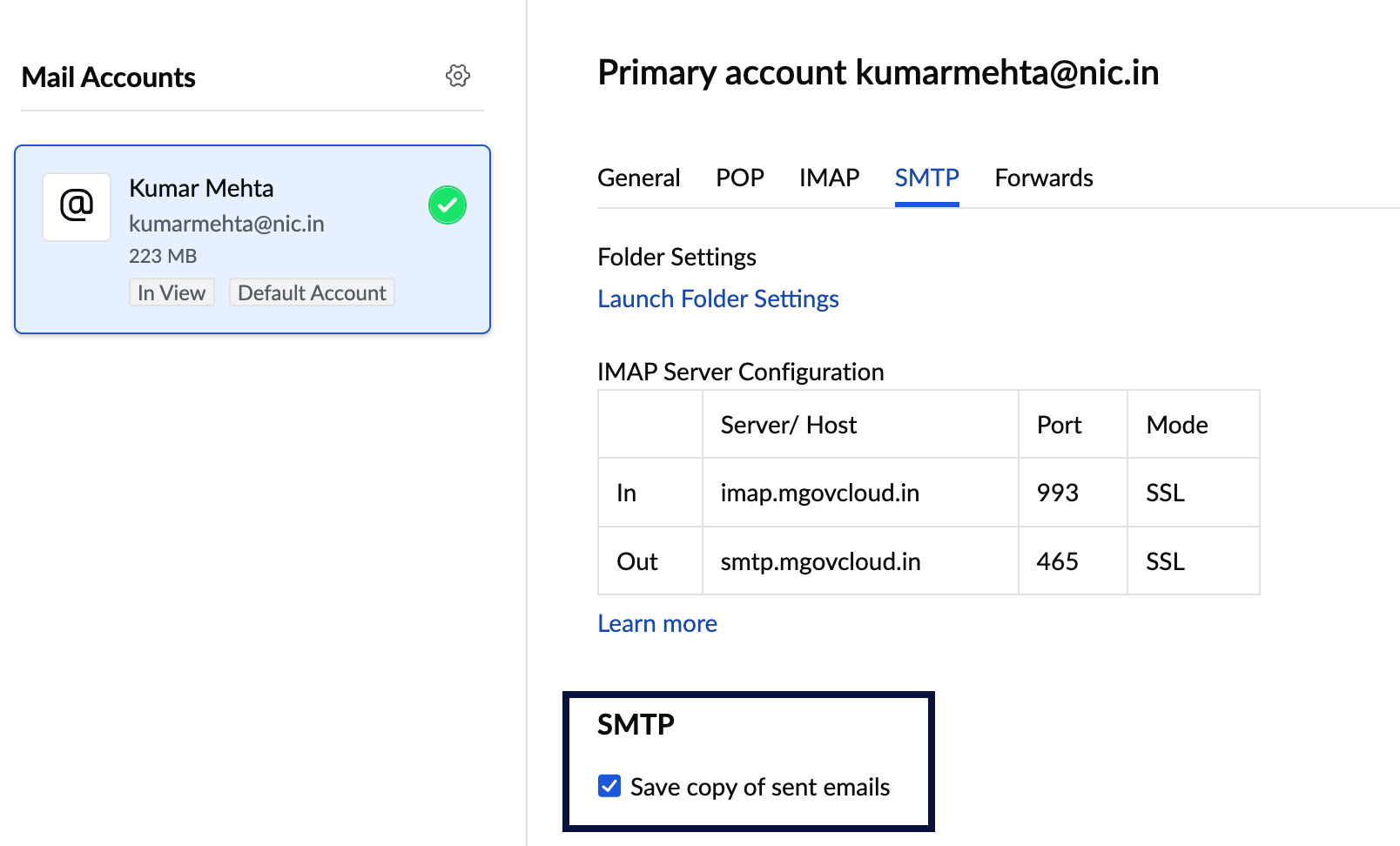 Save copy of sent emails SMTP