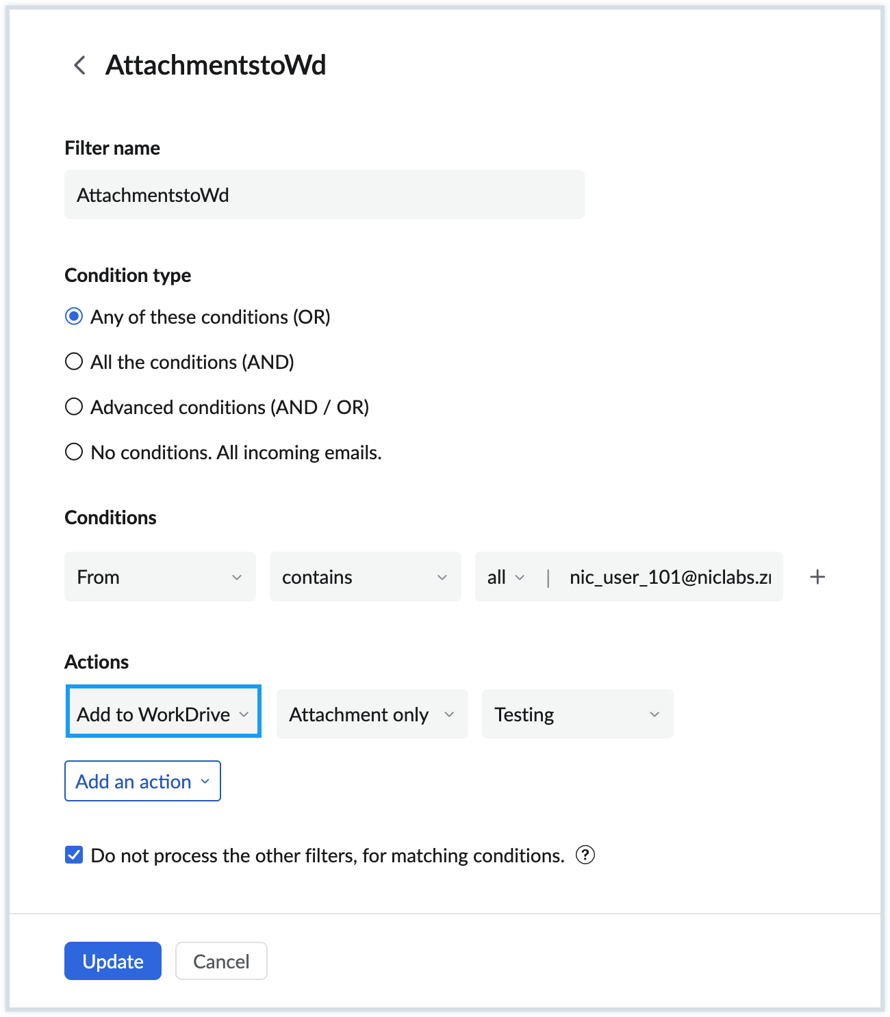upload email attachments to workdrive filter