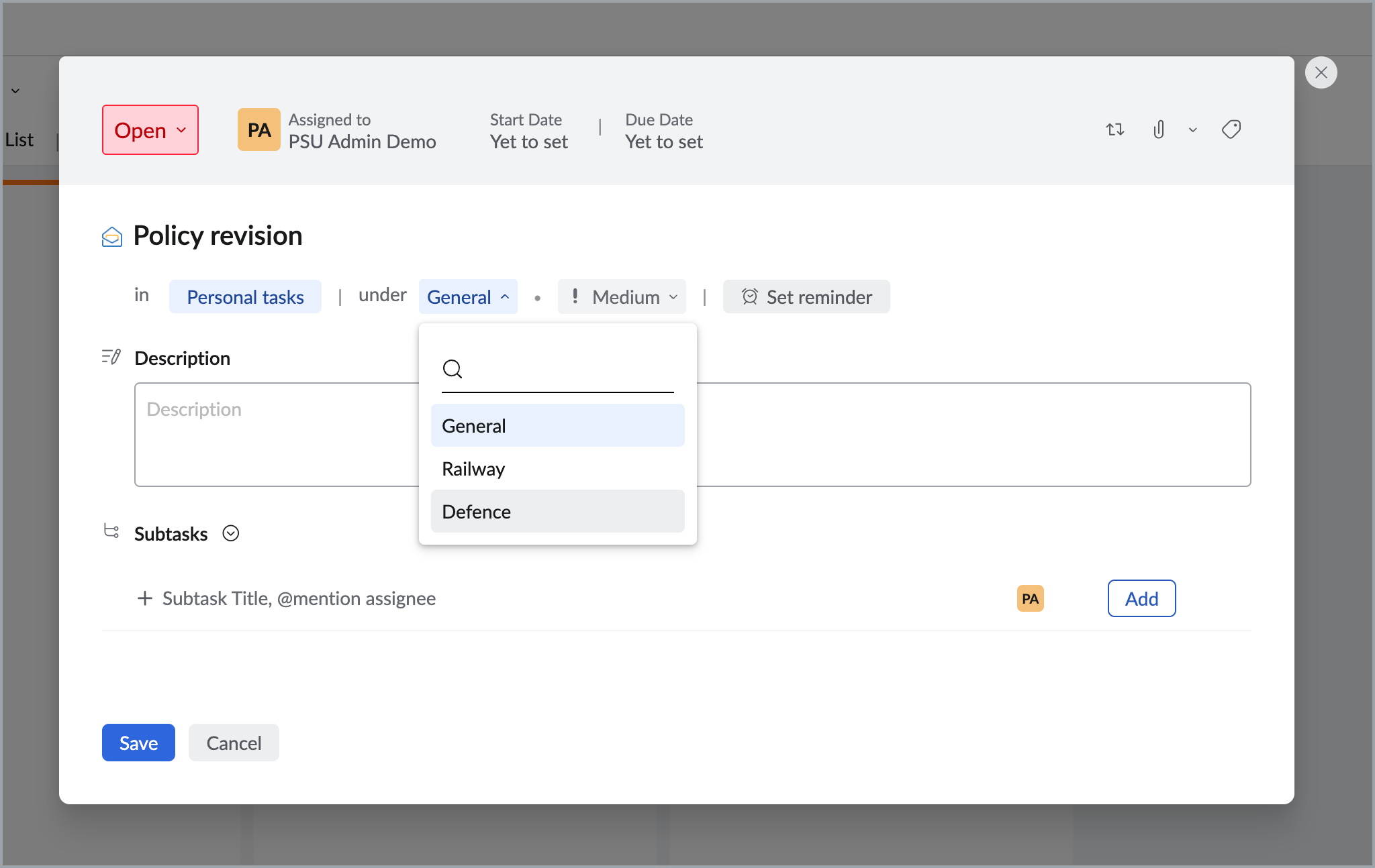 Setting task category Setting task category