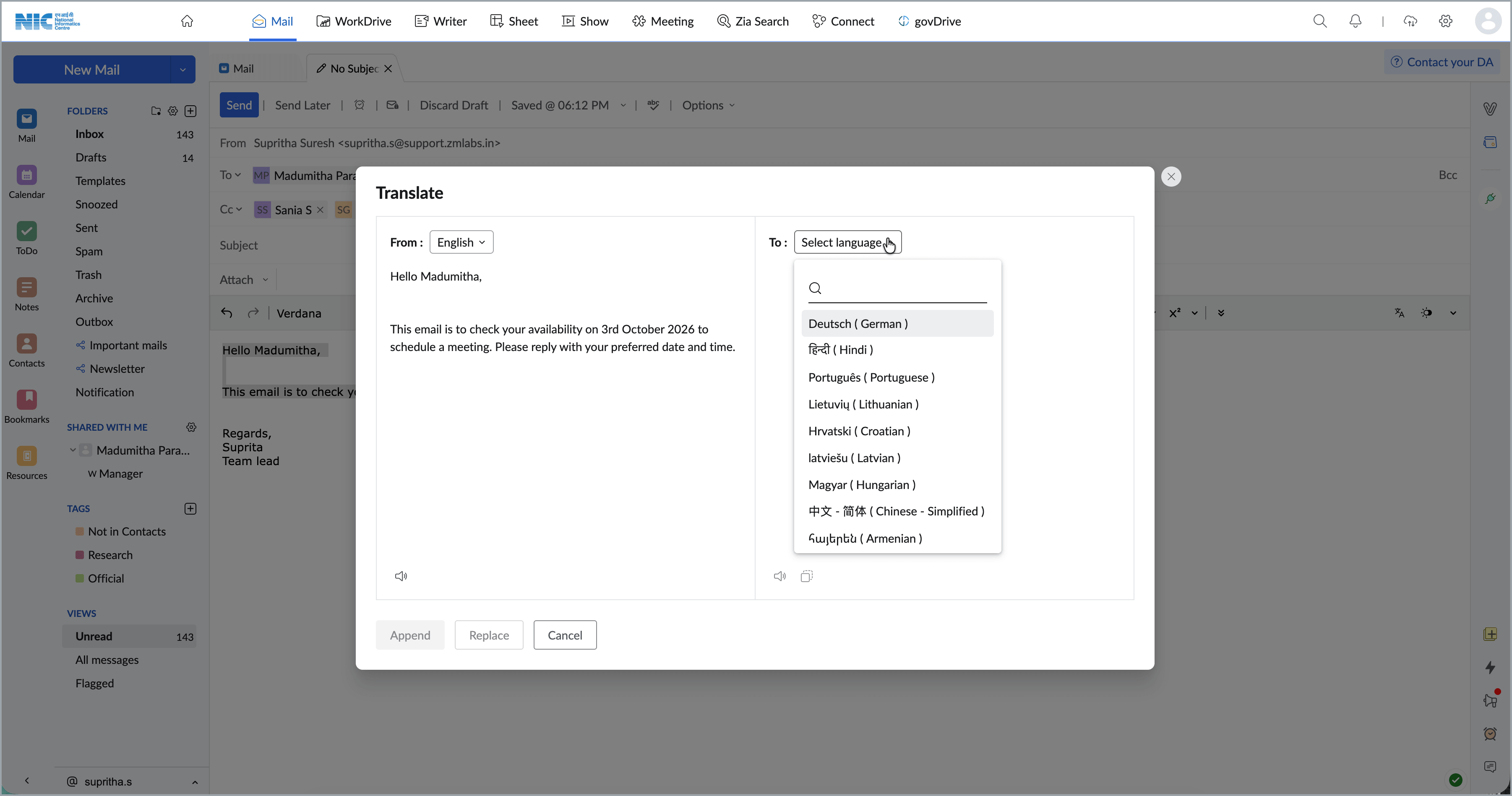 Select the translate from and two language in the translate pop-up window